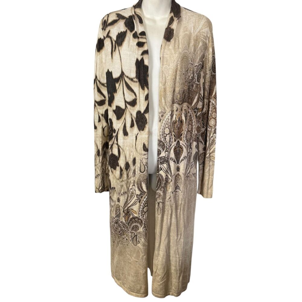 Chicos Womens Neutral Paisley Andrea Long Cardigan Sweater Brown Beige Open 1 M